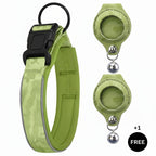 Green dog collar with reflective strip and matching clip on a white background