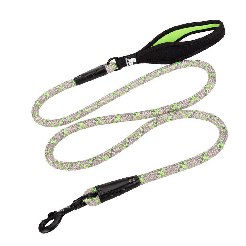 Dog leash with gray pattern and black handles on a white background