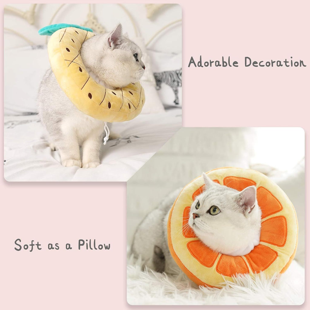 Two images of cats wearing fruit-shaped collars with text describing their softness and cuteness.