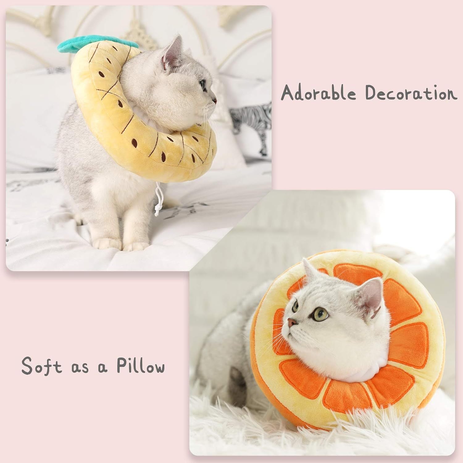 Two images of cats wearing fruit-shaped collars with text describing their softness and cuteness.