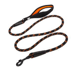 Black dog leash with orange speckles on a white background