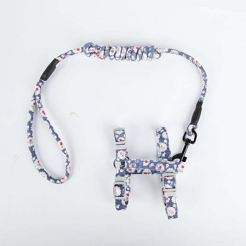 Floral-patterned dog harness and leash set on a white background
