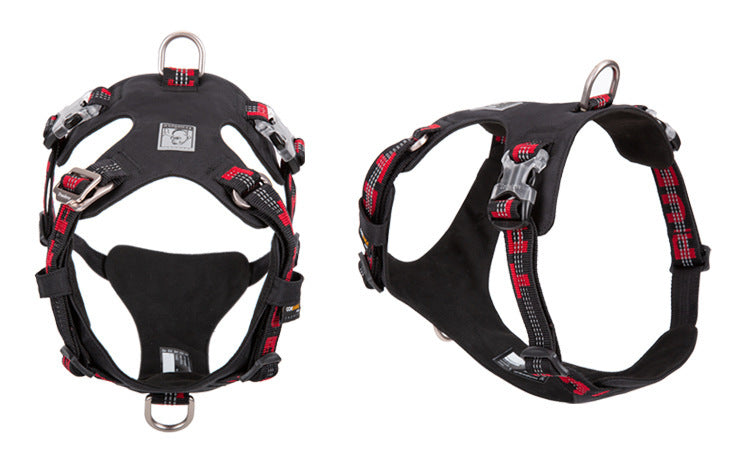 Black dog harness with red accents on a white background