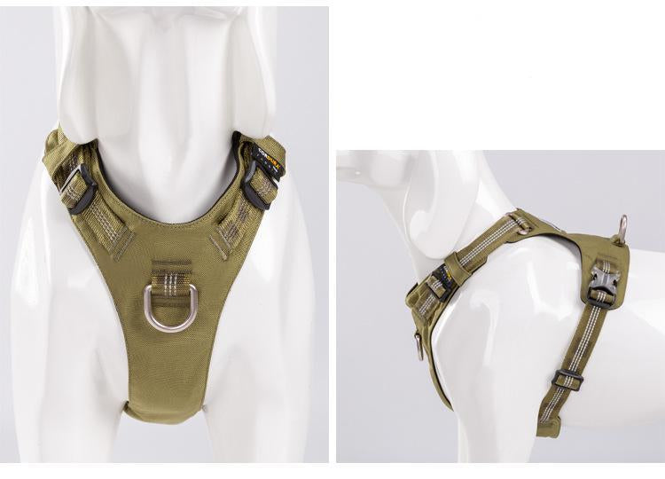 Army green dog harness on a mannequin with 'Army green' text.