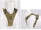 Army green dog harness on a mannequin with 'Army green' text.