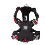 Black dog harness with red accents on a white background