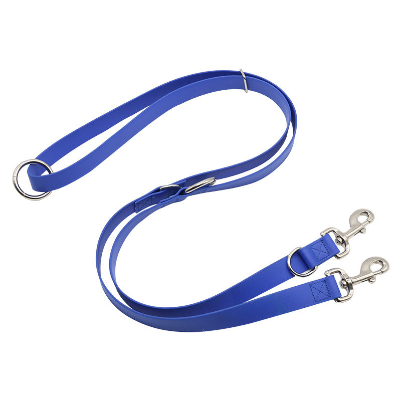 Blue dog leash with metal clips on a white background