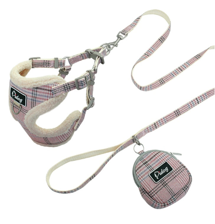 Dog harness and leash set with plaid pattern on a white background