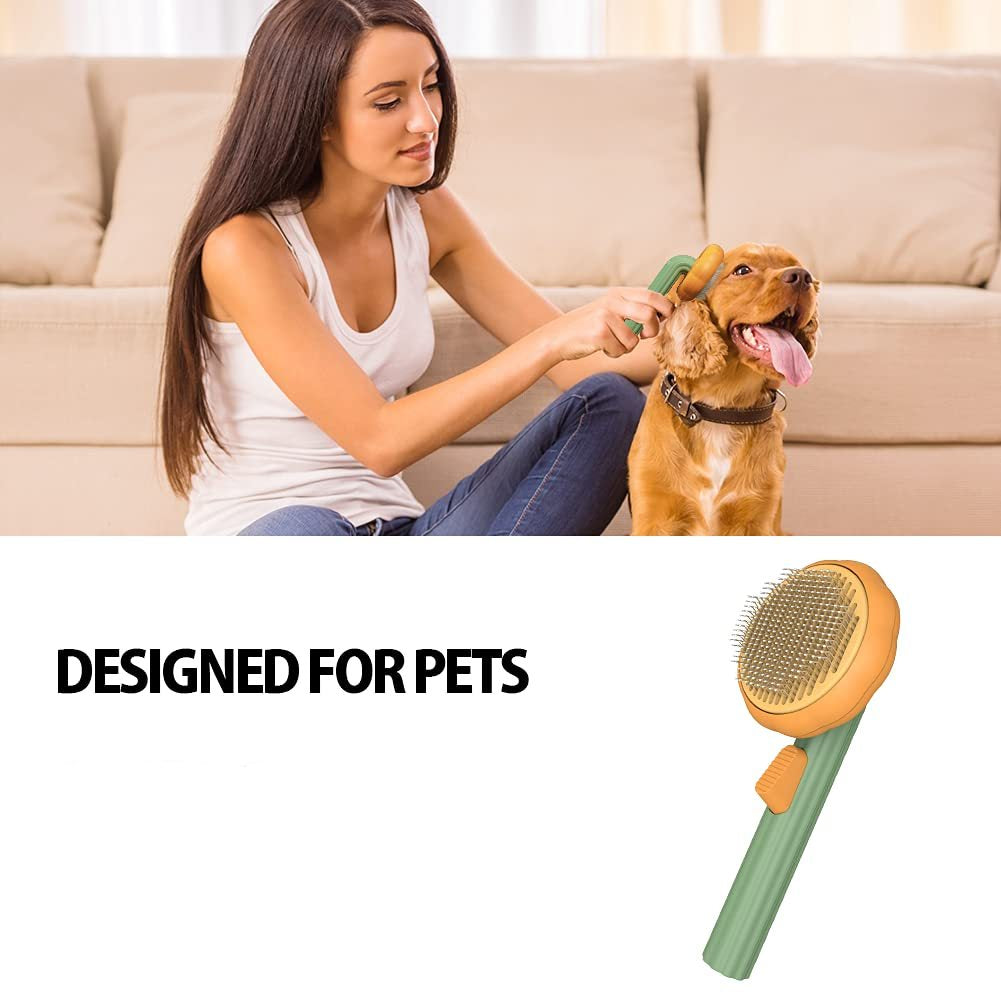 Woman grooming a dog with a pet grooming brush, followed by the grooming brush on a white background.