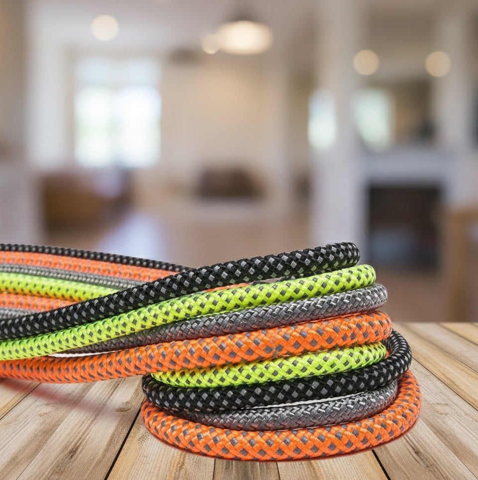 Stack of colorful braided ropes on a white background