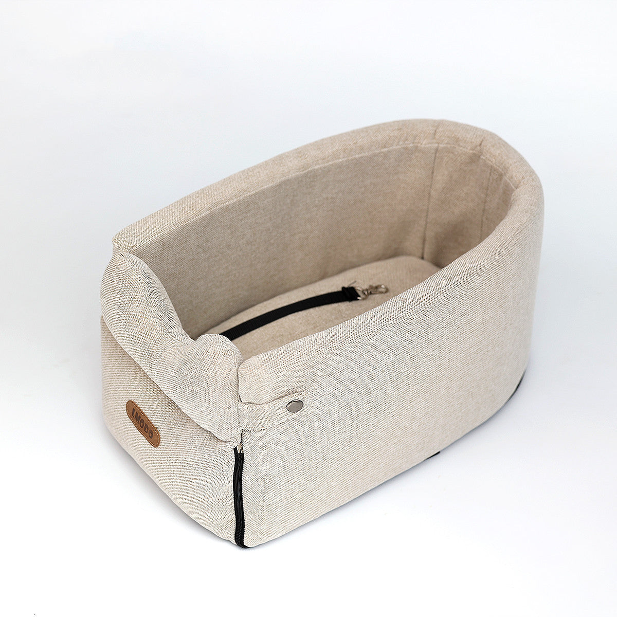 A portable car seat bed for small dogs and cats, made from canvas and suede with a plush lining, displayed in a creamy white color.