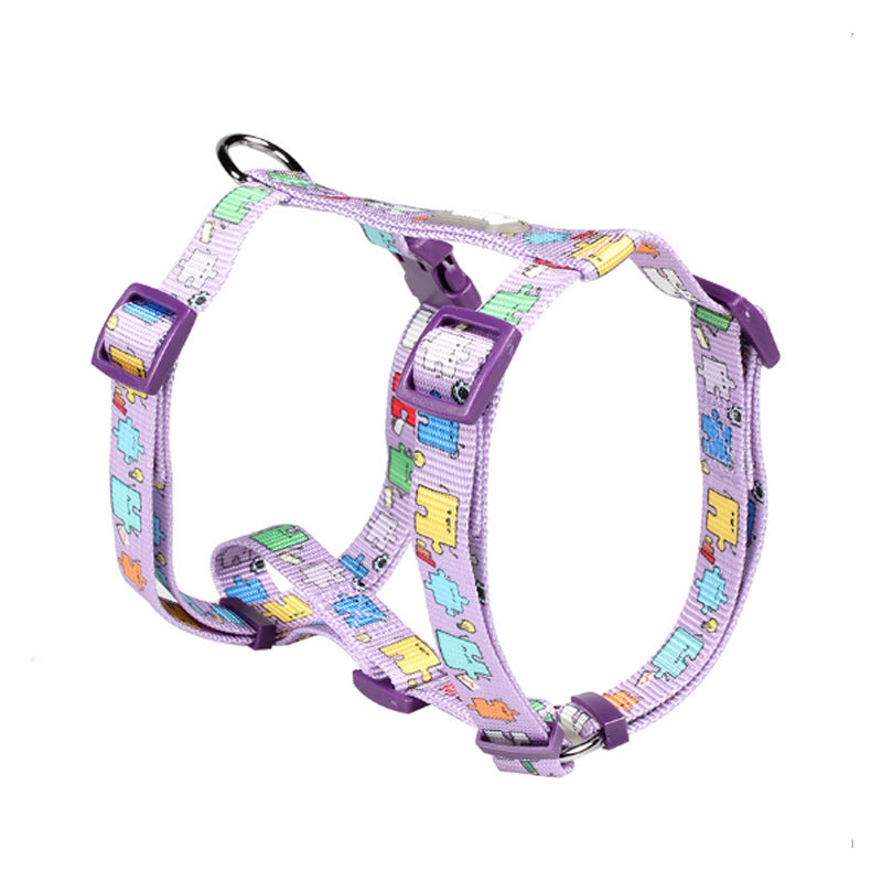 Dog harness with colorful cartoon design on a white background