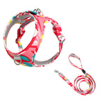 Dog harness and leash set with colorful floral pattern on a white background