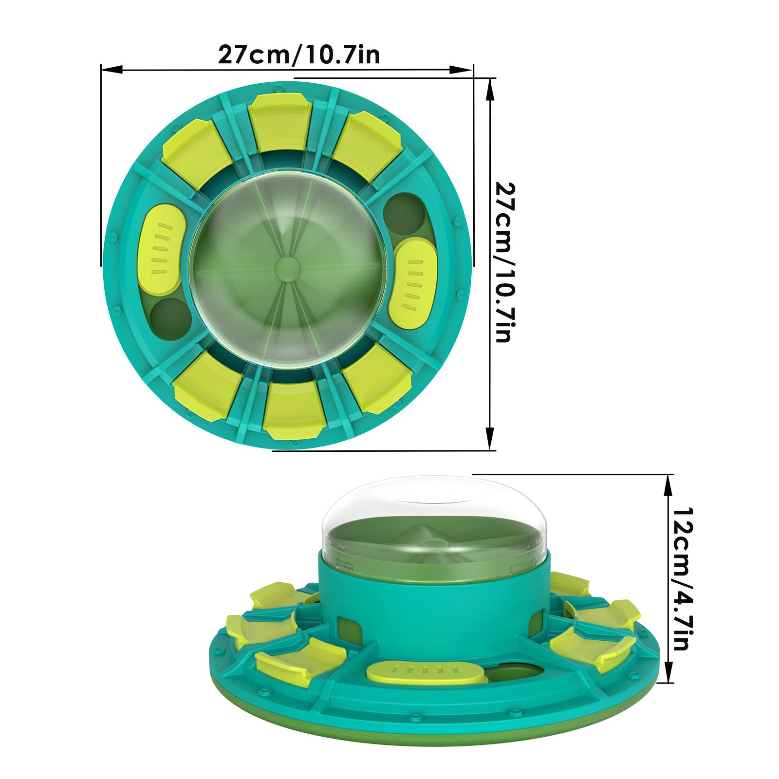Green and yellow plastic toy with dimensions labeled