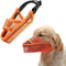 Orange dog muzzle with black straps on a white background