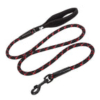 Black dog leash with red speckles on a white background