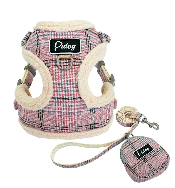 Plaid dog harness with leash on a white background