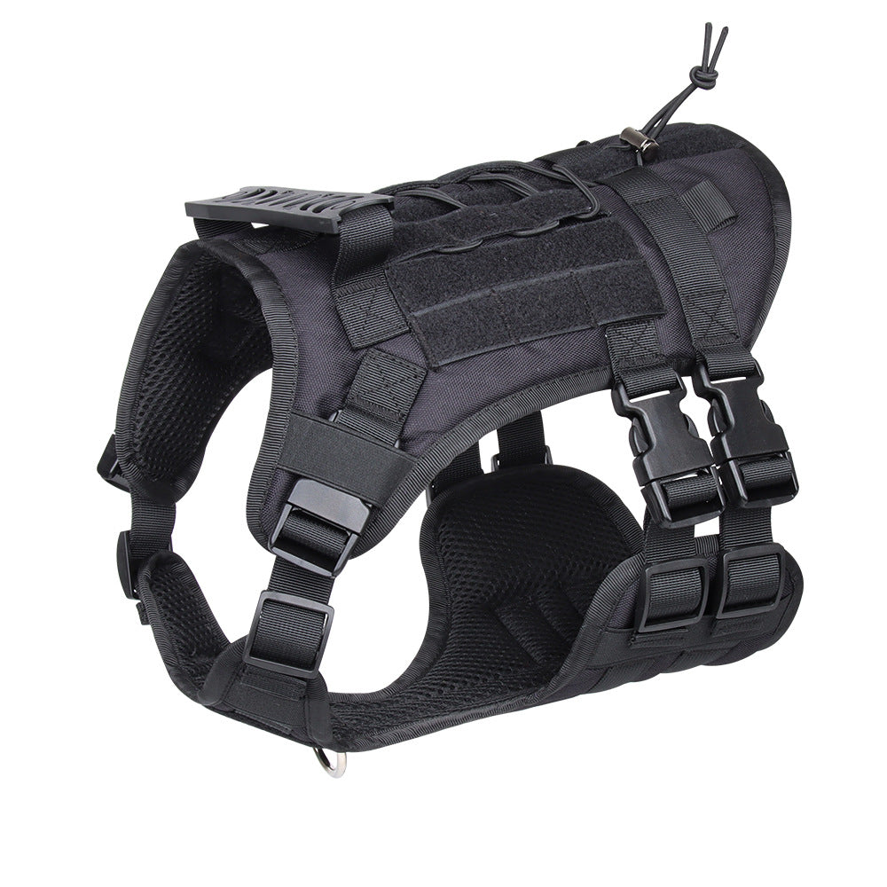Black tactical dog harness on a white background