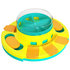 Colorful toy with a central transparent disk on a white background