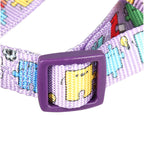 Dog collar with cartoon characters and a purple buckle on a white background