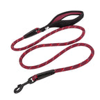 Red patterned dog leash with black clip on a white background