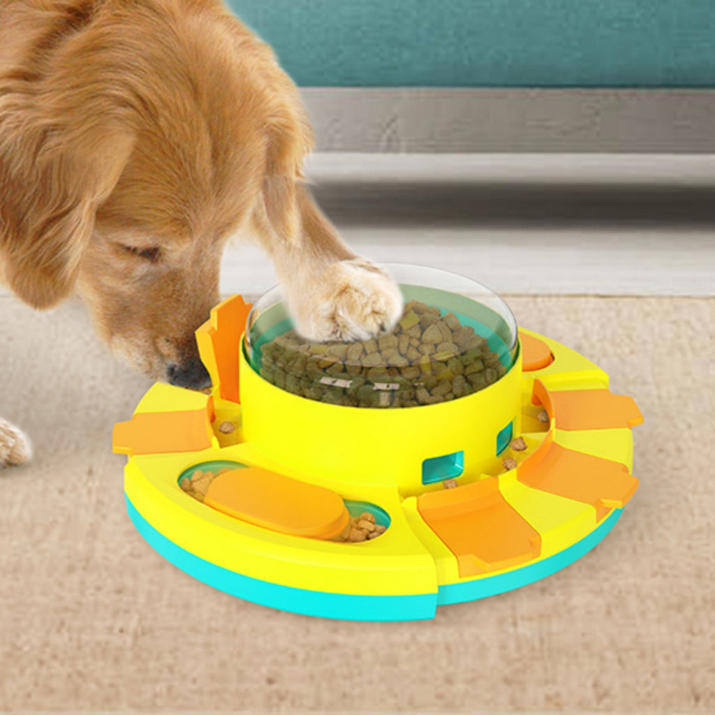 Dog interacting with a colorful puzzle toy on a carpeted floor.
