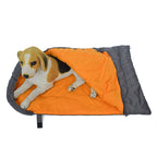 Orange and gray pet sleeping bag with a plush dog toy on a white background
