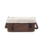 Brown bag with white sherpa lining on a white background