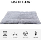 Gray pet bed with cleaning instructions and icons on a white background