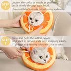Cat wearing a cone-shaped recovery collar with instructions on how to put it on.