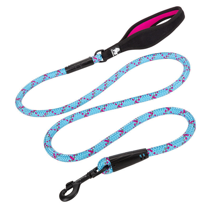 Dog leash with blue floral pattern and black handle on a white background