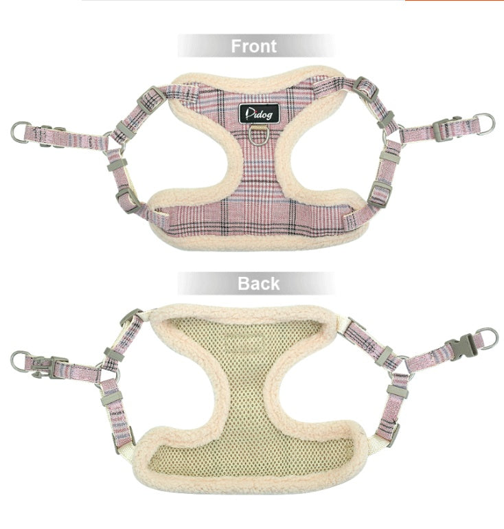 Pet harness shown from front and back on a white background
