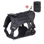 Black tactical dog harness with a pouch on a white background