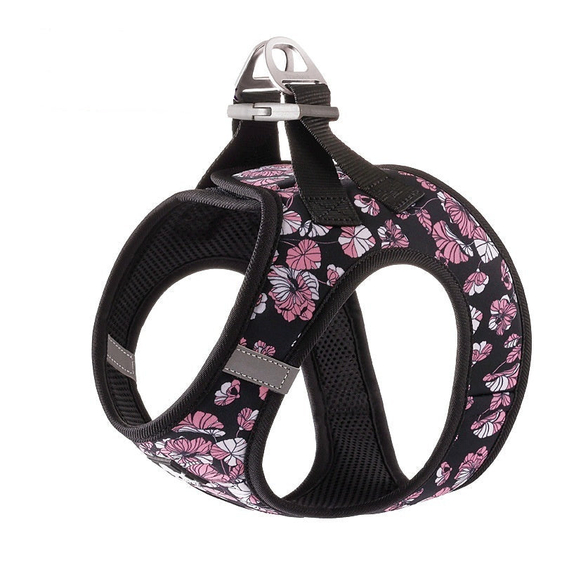 Floral patterned dog harness on a white background
