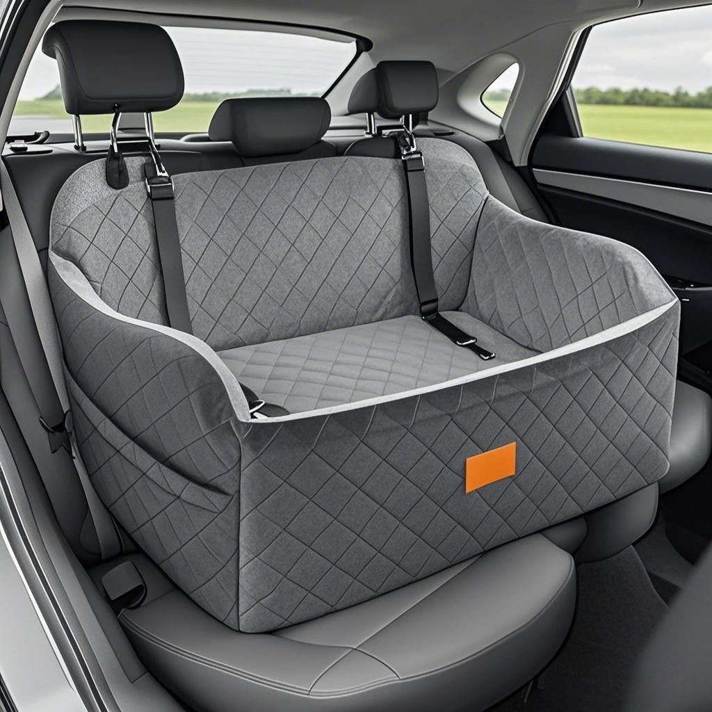Gray car seat cover with diamond pattern installed in a vehicle