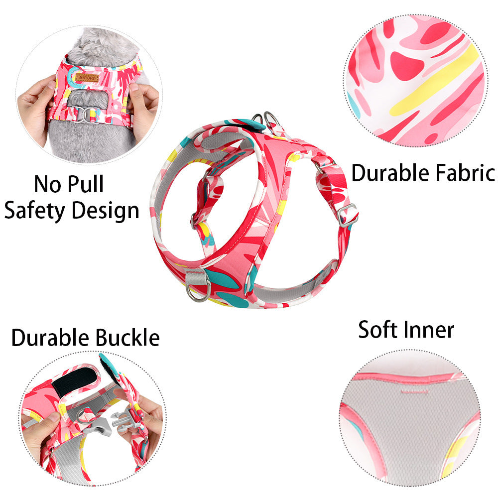 Dog harness with features highlighted on a white background