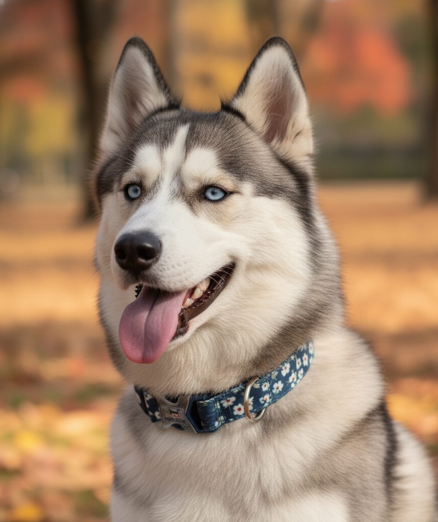 Husky dog with a floral collar in a forest setting