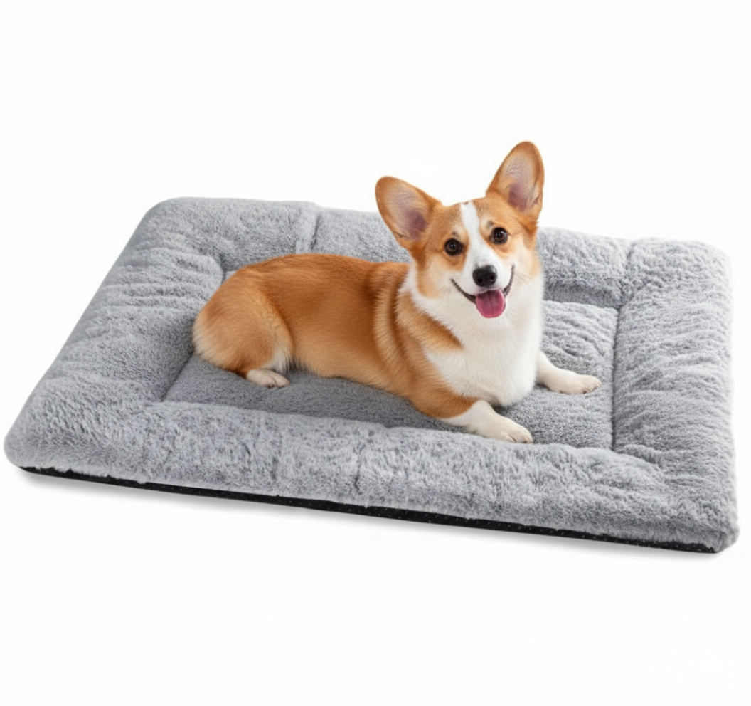 Dog lying on a gray pet bed with a white background
