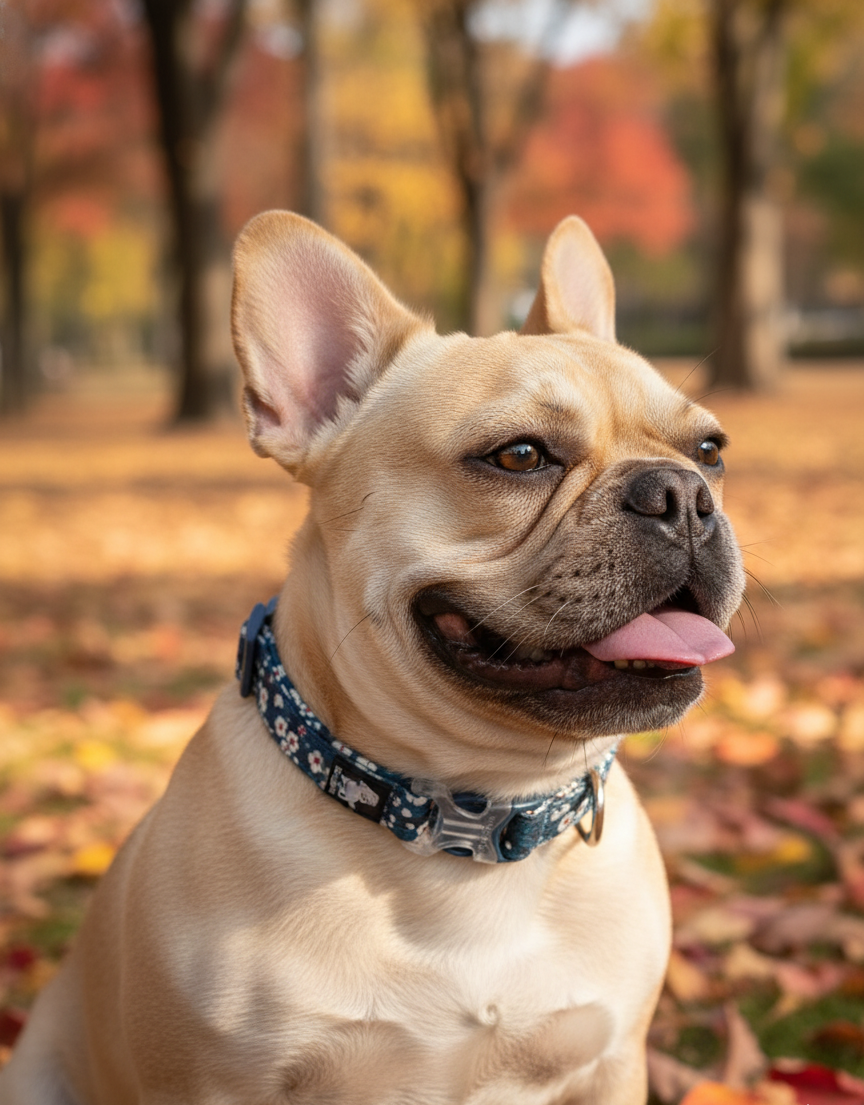 Dog with a collar in an autumn setting with trees and fallen leaves.