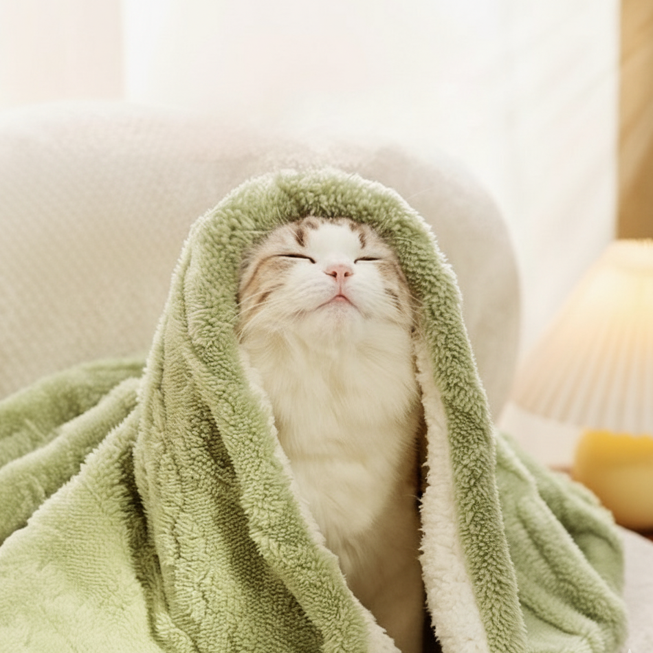 Cat wrapped in a green towel on a soft surface