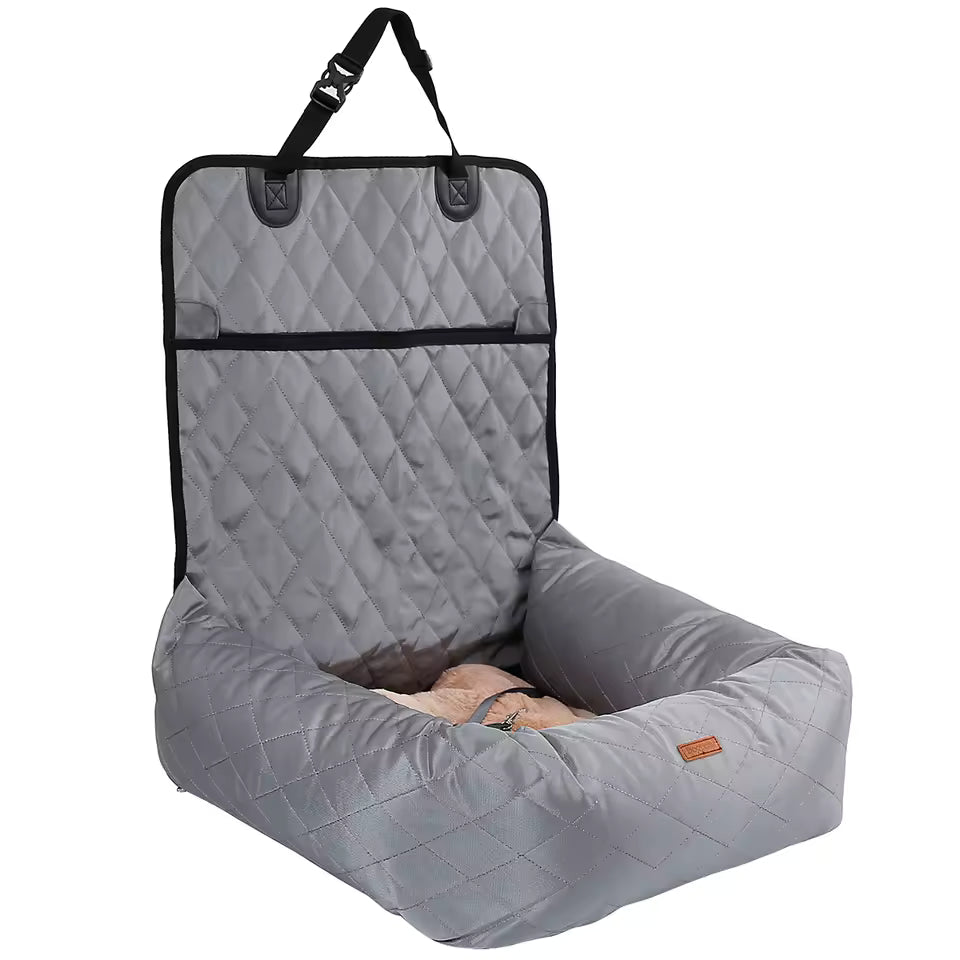 Gray car seat cover with quilted design and storage pocket on a white background