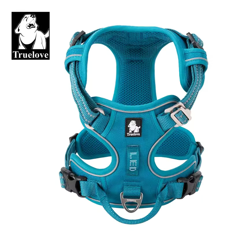 Blue dog harness with 'Truelove' branding on a white background