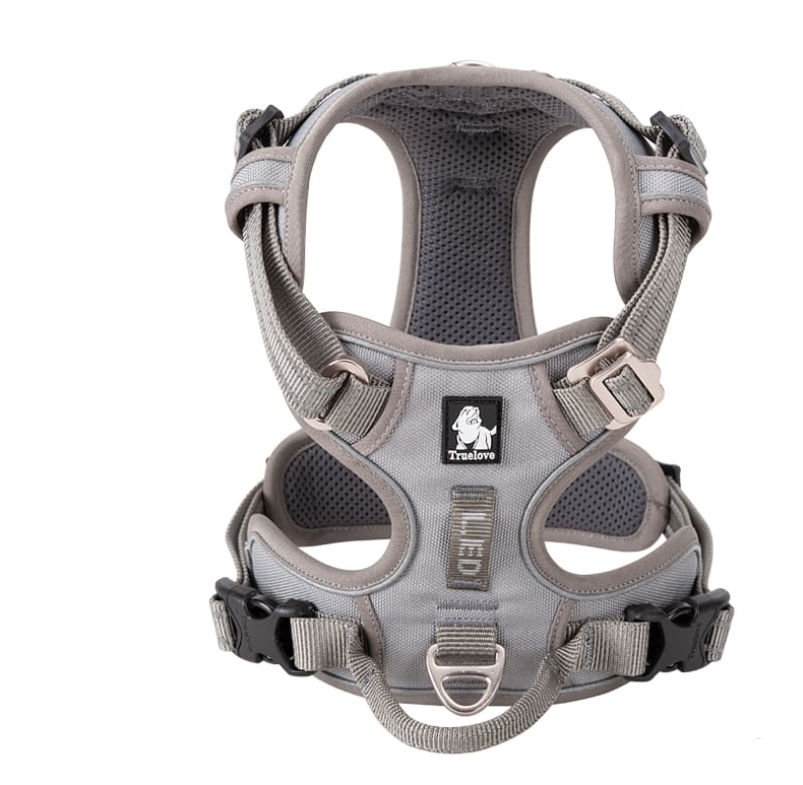 Gray dog harness with 'Truelove' branding on a white background