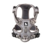 Gray dog harness with 'Truelove' branding on a white background