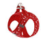 Red floral-patterned dog harness on a white background