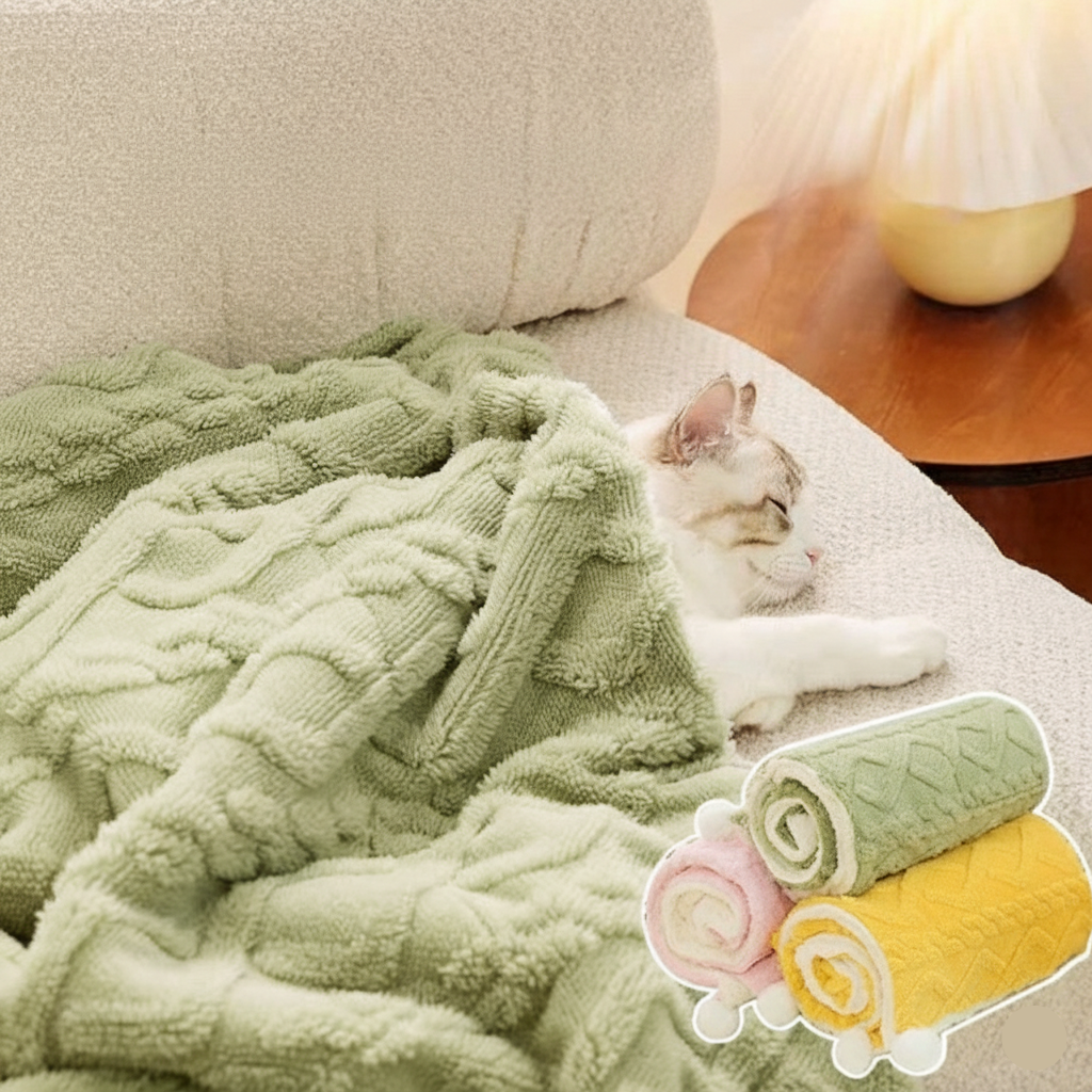 Cat resting on a green textured blanket with a small table and lamp in the background
