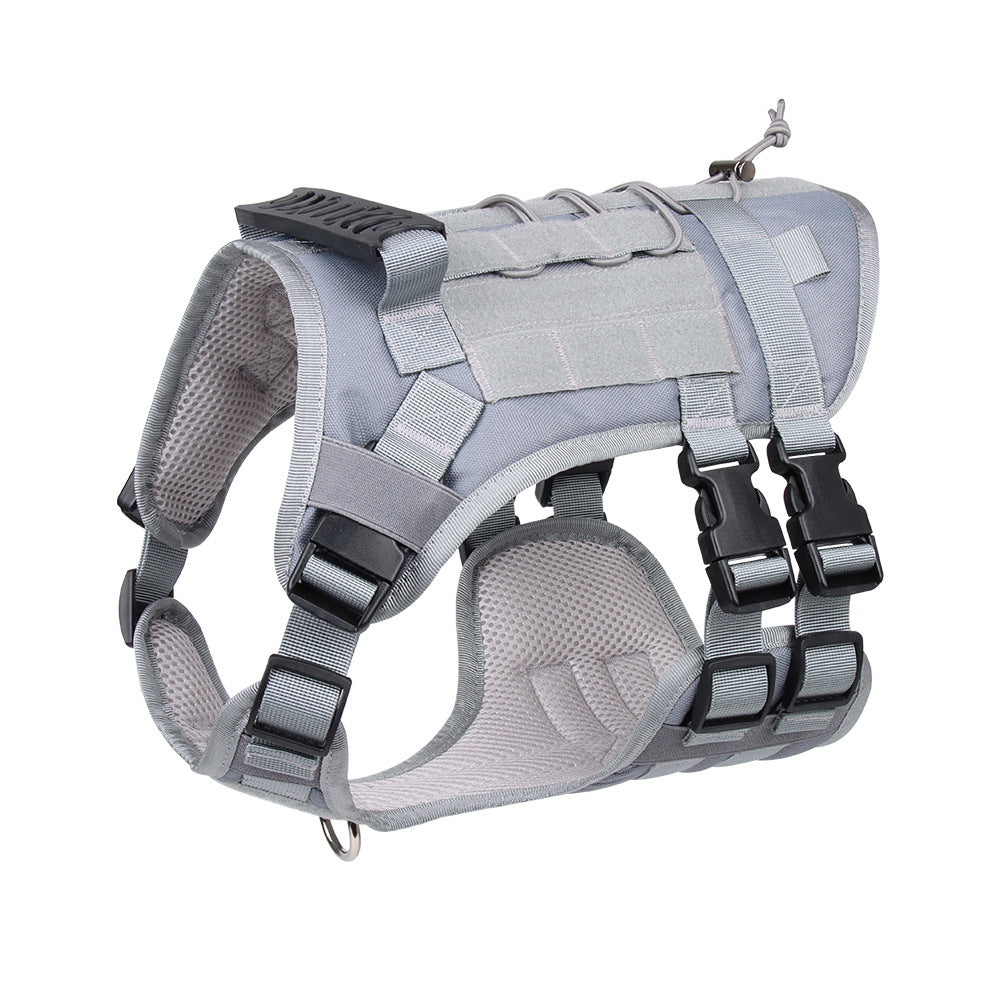 Gray tactical dog harness on a white background