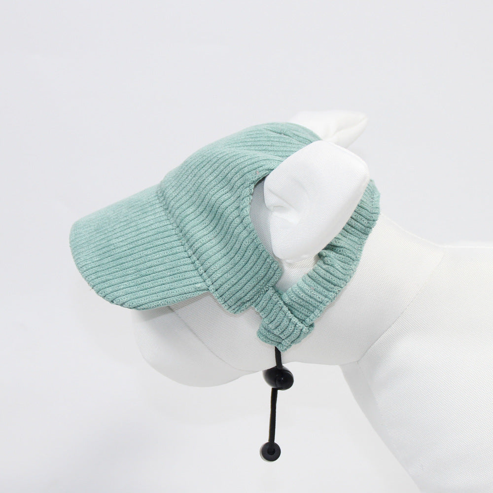 A dog wearing a pink baseball cap-style hat.