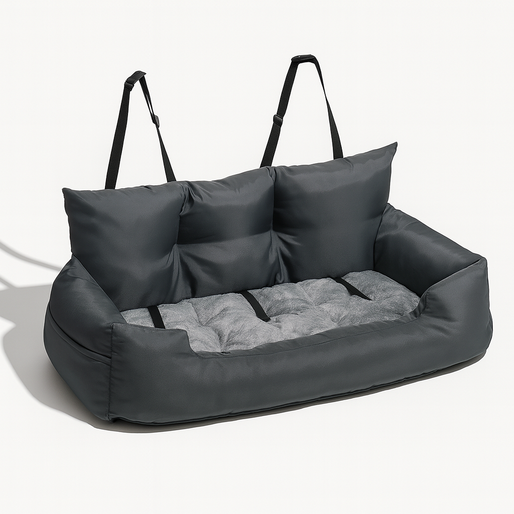 Gray pet bed with handles on a white background