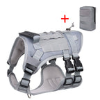 Gray tactical dog vest with black straps and a small gray pouch on a white background